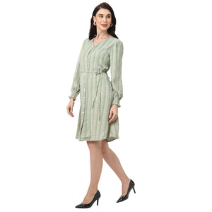 Stylish Green Knee Length Women’s Dress with Geometric Prints
