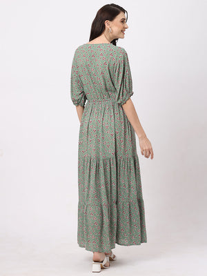 Fancy Green Floral Print Women’s Summer Maxi Dress