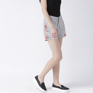Stripe Shorts With Floral Embroidery