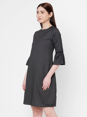 Black Checkered Dress With Bell Sleeves