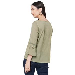 Olive Bell Sleeves Top With Lace Detaling For Women