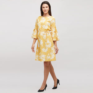 Yellow Printed Dress With Bell Sleeves