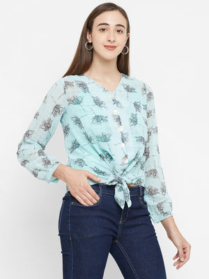 Teal  Printed Top With Front Knot