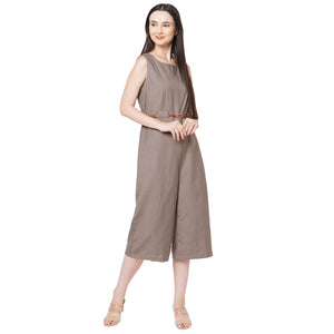 Coffee Round Neck Solid Jumpsuit