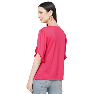 Fuscia Solid Top With Half Sleeves And Key Hole Neck For Women