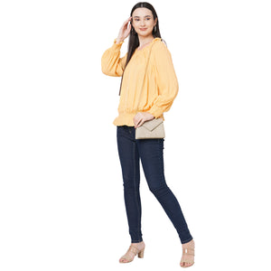 Yellow Round Neck With Ruffle Detailing Top For Women
