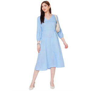 Fancy Blue Flared Midi Dress For Women with Full Sleeves