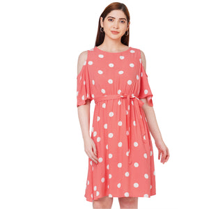 Coral Polka Dot Cold Shoulder Dress for Women