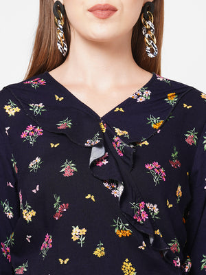 Navy Floral Printed Ruffle Neck Top For Women