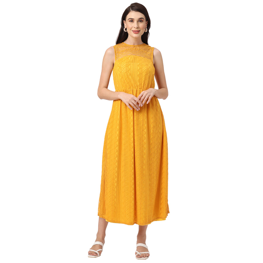 Stylish Mustard Lace Maxi Dress for Women