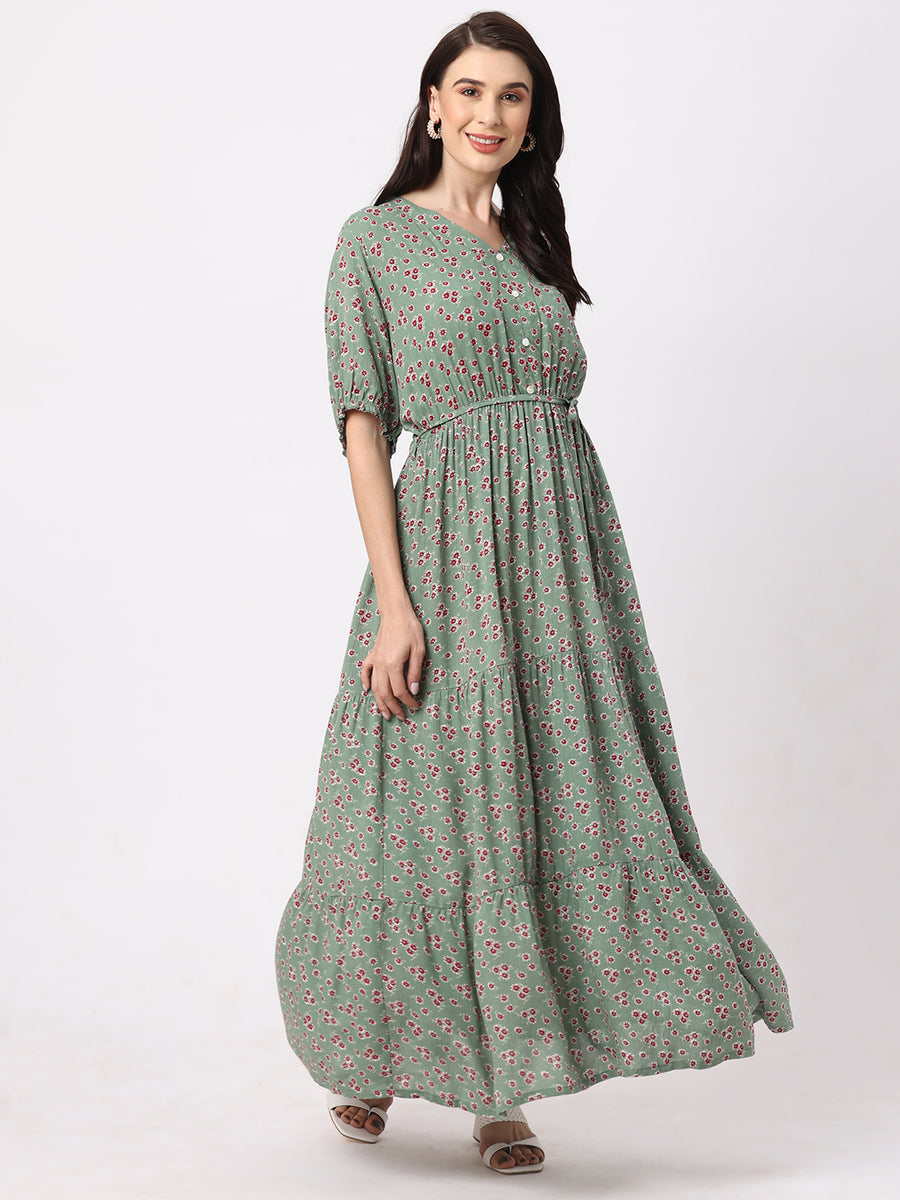 Fancy Green Floral Print Women’s Summer Maxi Dress