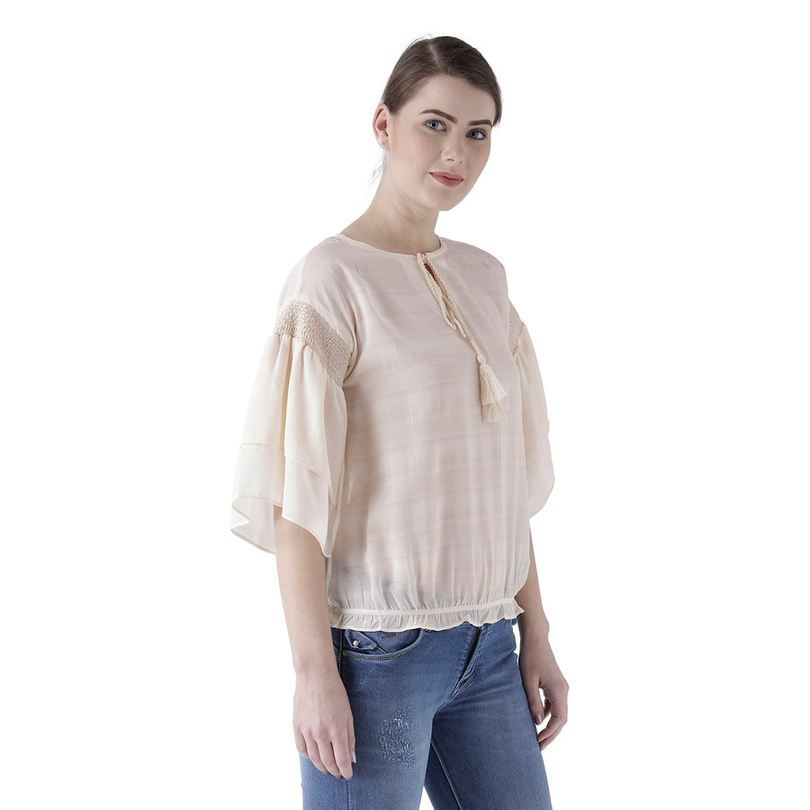 Cream Solid Top With Flared Sleeves