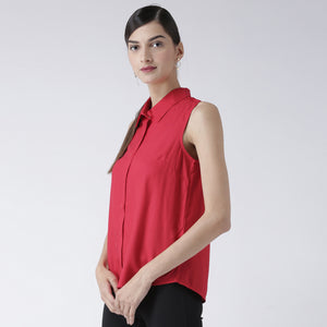 Red Solid Sleeveless Shirt