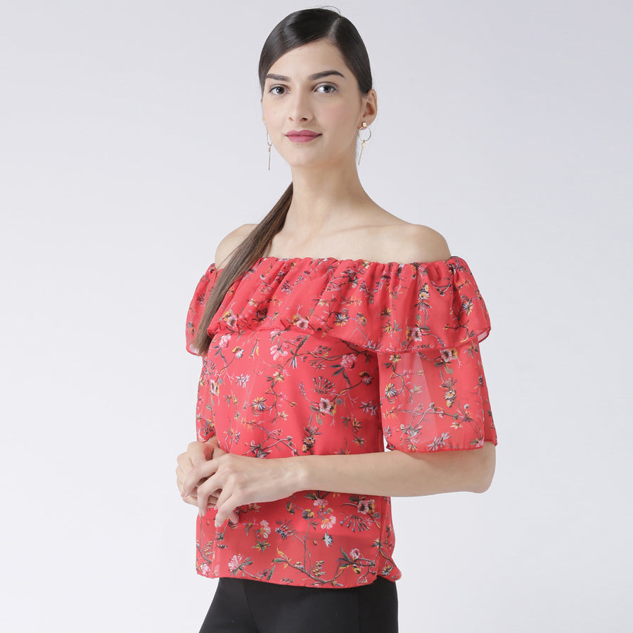 Red Floral Printed Off Shoulder Top