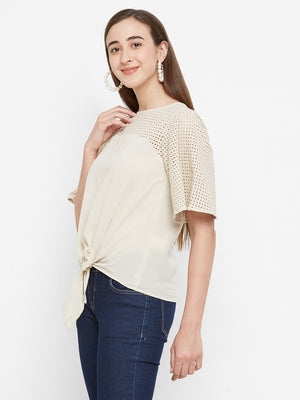 Beige Embroidered Sleeves Top