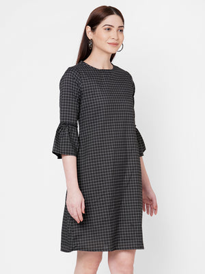 Black Checkered Dress With Bell Sleeves