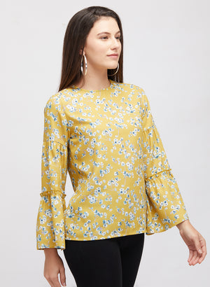 Yellow Floral Printed Top With Bell Sleeves