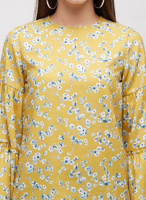 Yellow Floral Printed Top With Bell Sleeves