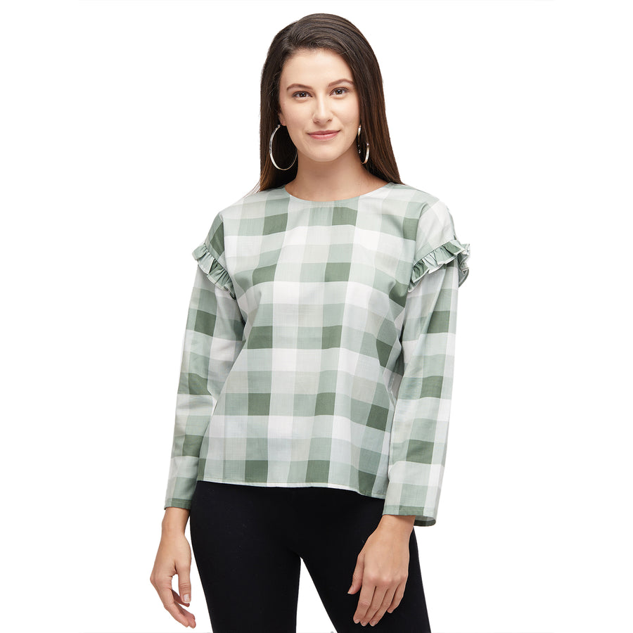 Green Checkered Full Sleeves Top