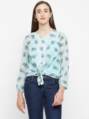 Teal  Printed Top With Front Knot