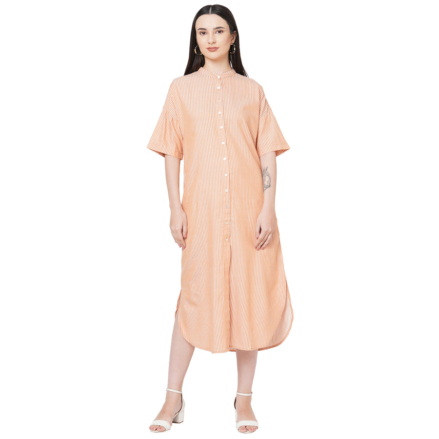 Mustard Mandarin Collar Half Sleeves Stripped Dress For Women