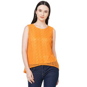 Yellow Roud Neck Embroidered Top For Women