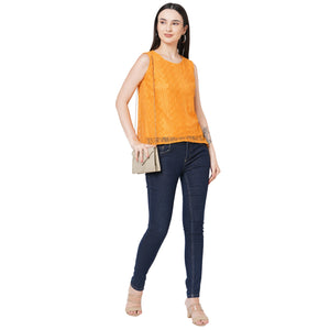 Yellow Roud Neck Embroidered Top For Women
