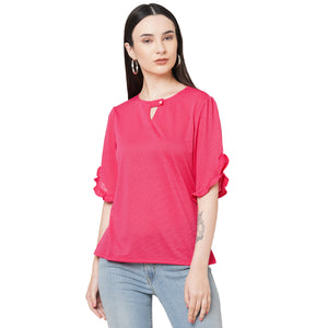 Fuscia Solid Top With Half Sleeves And Key Hole Neck For Women