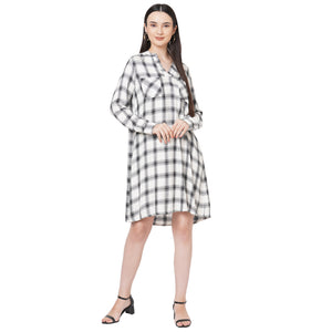 Black And White Mandarin Collar Checkered Dress For Women