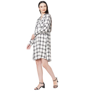 Black And White Mandarin Collar Checkered Dress For Women