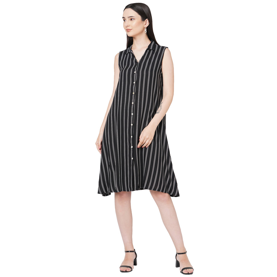 Black Striped Collar Neck Dress For Women