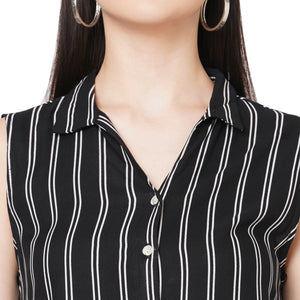 Black Striped Collar Neck Dress For Women