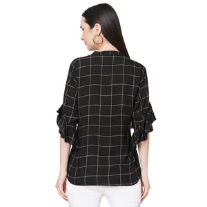 Black Checkered Mandarin Collar Top For Women