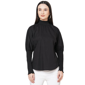 Black Solid High Neck Top For Women