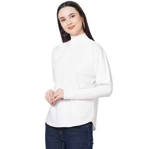 White Solid High Neck Top For Women