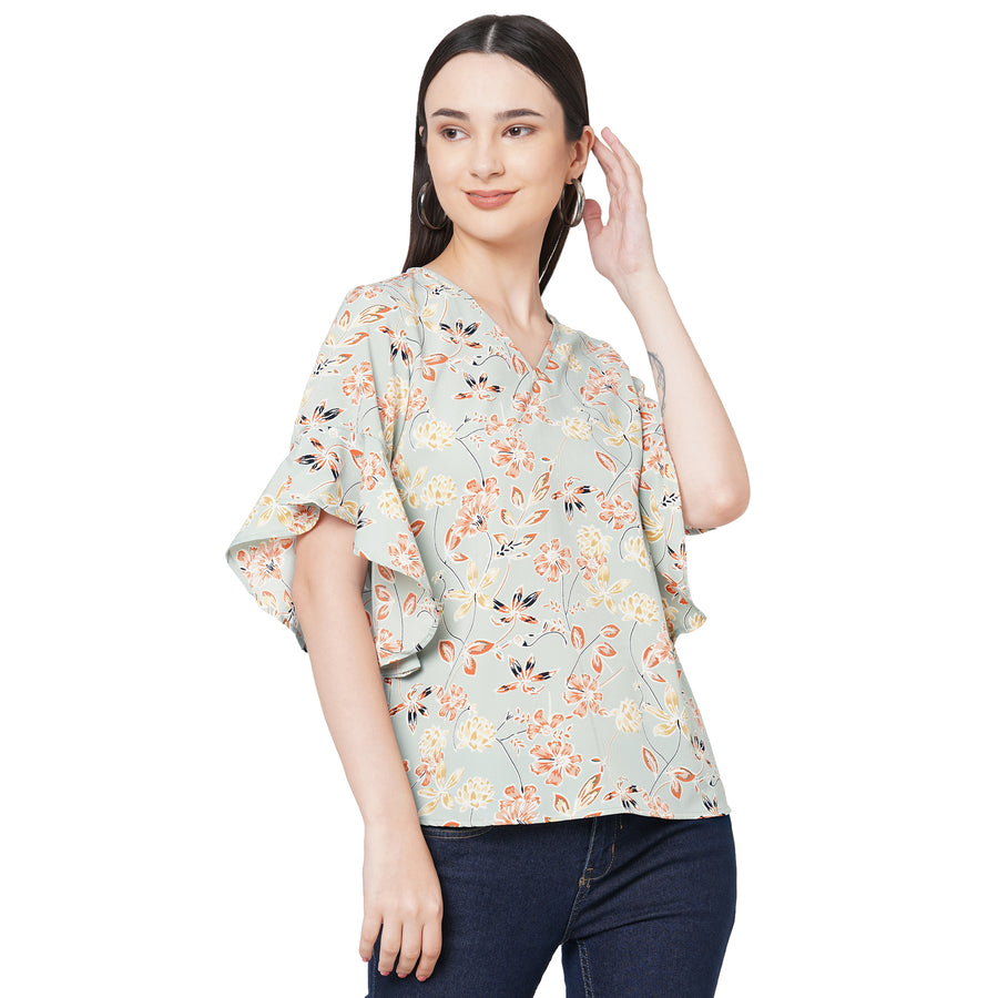 Floral Printed Top With Bell Sleeves For Women