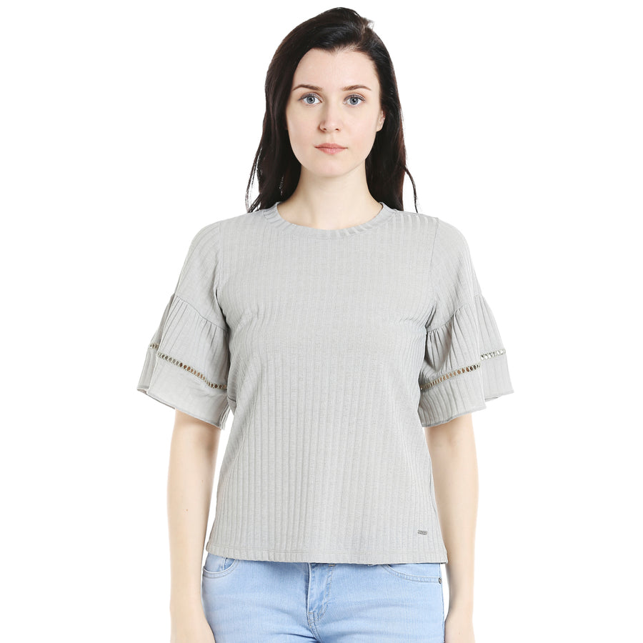 Sage Green Self Design Top With Flared Sleeves