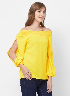 Yellow Off Shoulder Top With Slit Sleeves