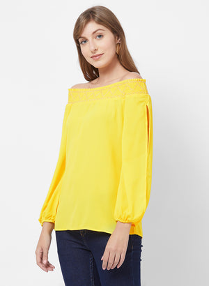 Yellow Off Shoulder Top With Slit Sleeves
