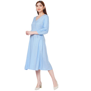 Fancy Blue Flared Midi Dress For Women with Full Sleeves