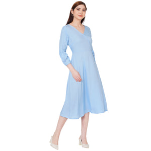Blue Printed V neck Dress for Women