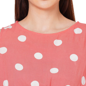 Coral Polka Dot Cold Shoulder Dress for Women